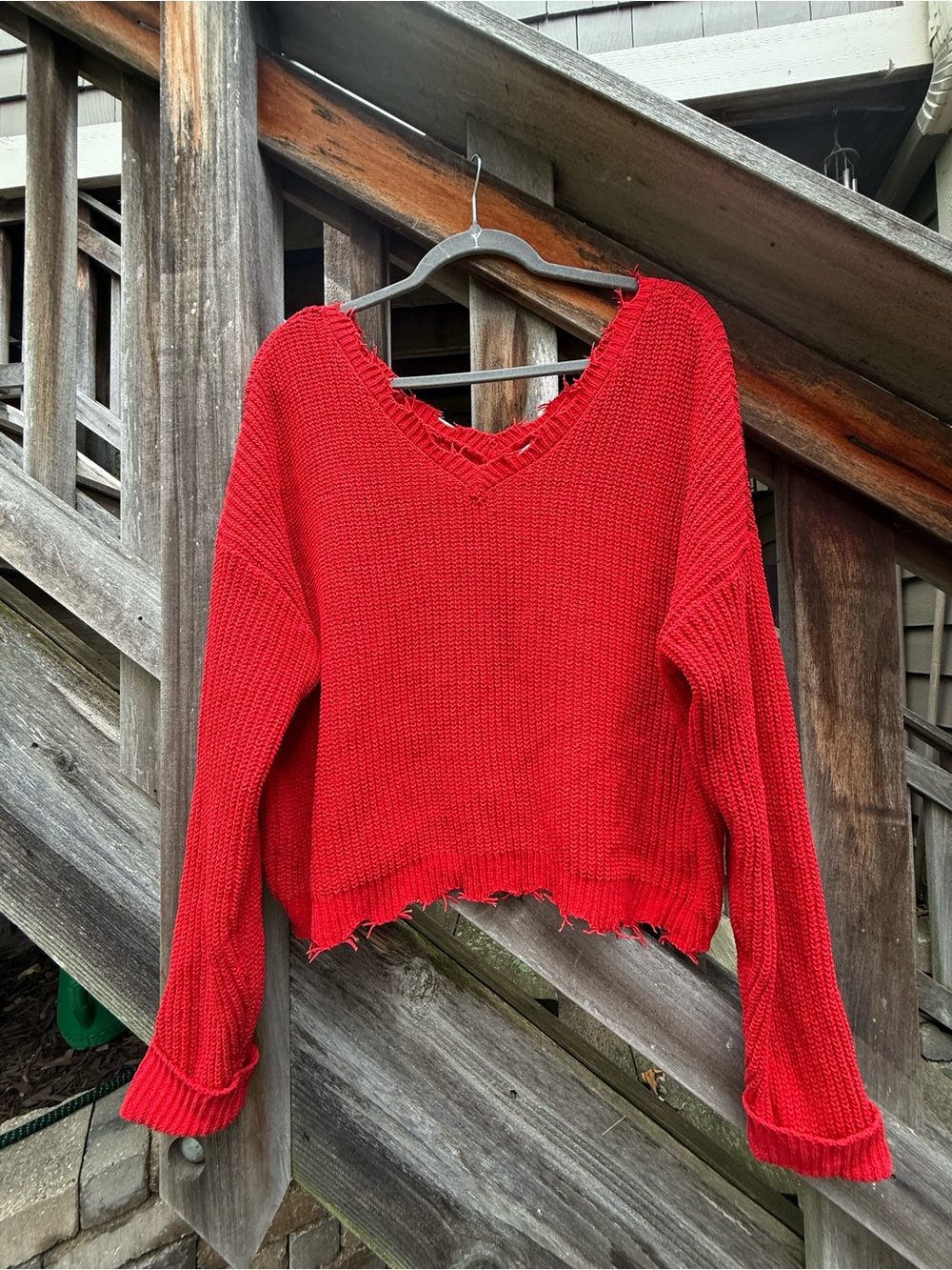 Francesca's Collections Red Off-the-Shoulder Distressed V-Neck Sweater
